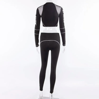 Conjunto deportivo de 2 piezas con estampado de letras para mujer, top corto de manga larga, leggings elásticos, ropa deportiva informal y ajustada