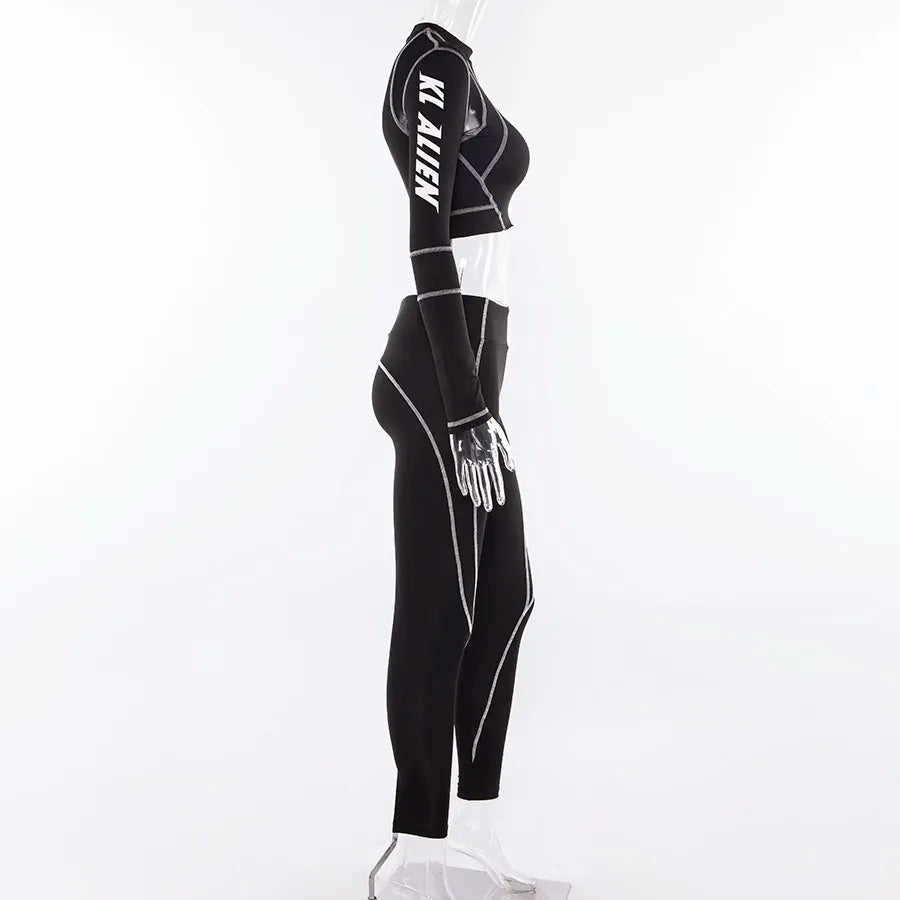 Conjunto deportivo de 2 piezas con estampado de letras para mujer, top corto de manga larga, leggings elásticos, ropa deportiva informal y ajustada