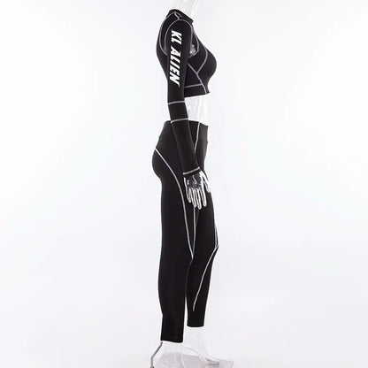 Conjunto deportivo de 2 piezas con estampado de letras para mujer, top corto de manga larga, leggings elásticos, ropa deportiva informal y ajustada