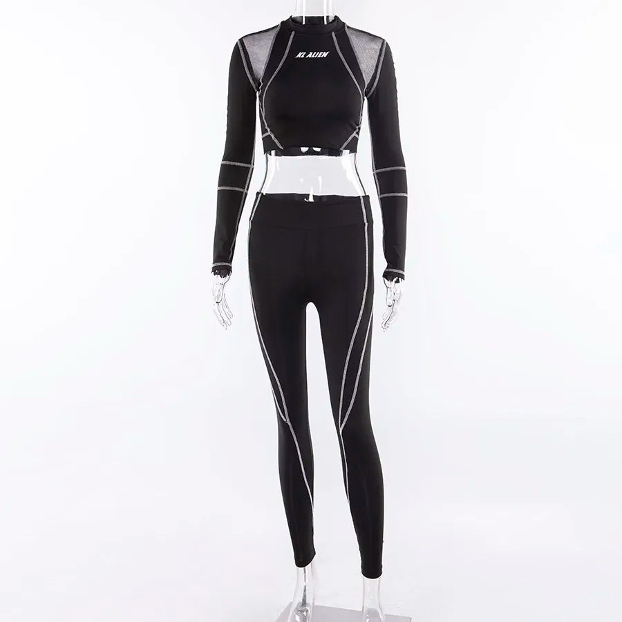 Conjunto deportivo de 2 piezas con estampado de letras para mujer, top corto de manga larga, leggings elásticos, ropa deportiva informal y ajustada