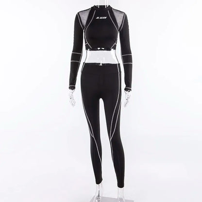 Conjunto deportivo de 2 piezas con estampado de letras para mujer, top corto de manga larga, leggings elásticos, ropa deportiva informal y ajustada