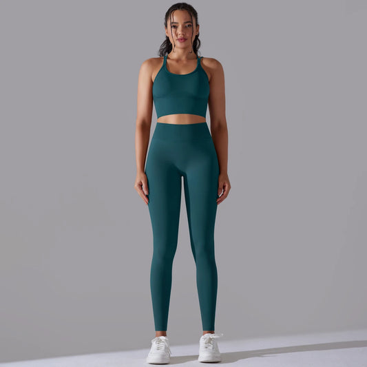 Conjunto de Yoga cepillado para mujer, ropa deportiva de entrenamiento de 2 piezas, Sujetador deportivo con espalda cruzada, mallas de cintura alta, ropa de gimnasio, trajes deportivos
