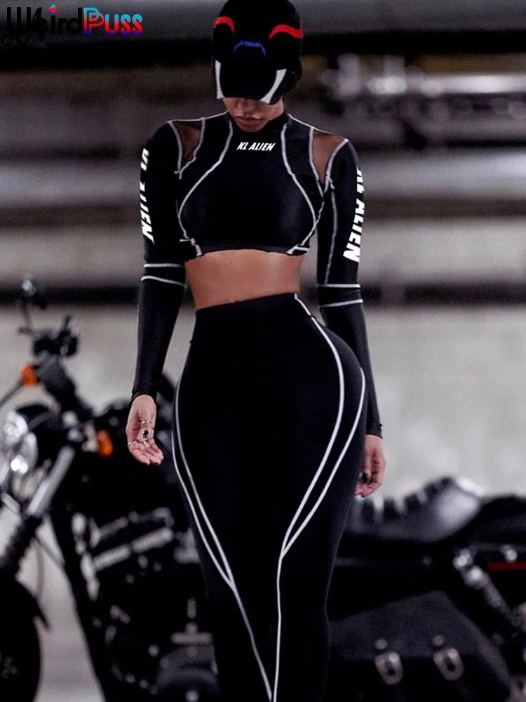 Conjunto deportivo de 2 piezas con estampado de letras para mujer, top corto de manga larga, leggings elásticos, ropa deportiva informal y ajustada