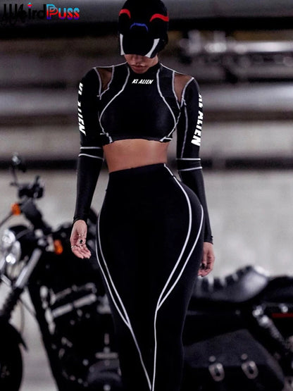 Conjunto deportivo de 2 piezas con estampado de letras para mujer, top corto de manga larga, leggings elásticos, ropa deportiva informal y ajustada