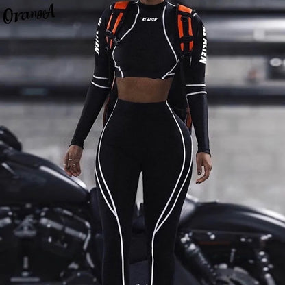 Conjunto deportivo de 2 piezas con estampado de letras para mujer, top corto de manga larga, leggings elásticos, ropa deportiva informal y ajustada