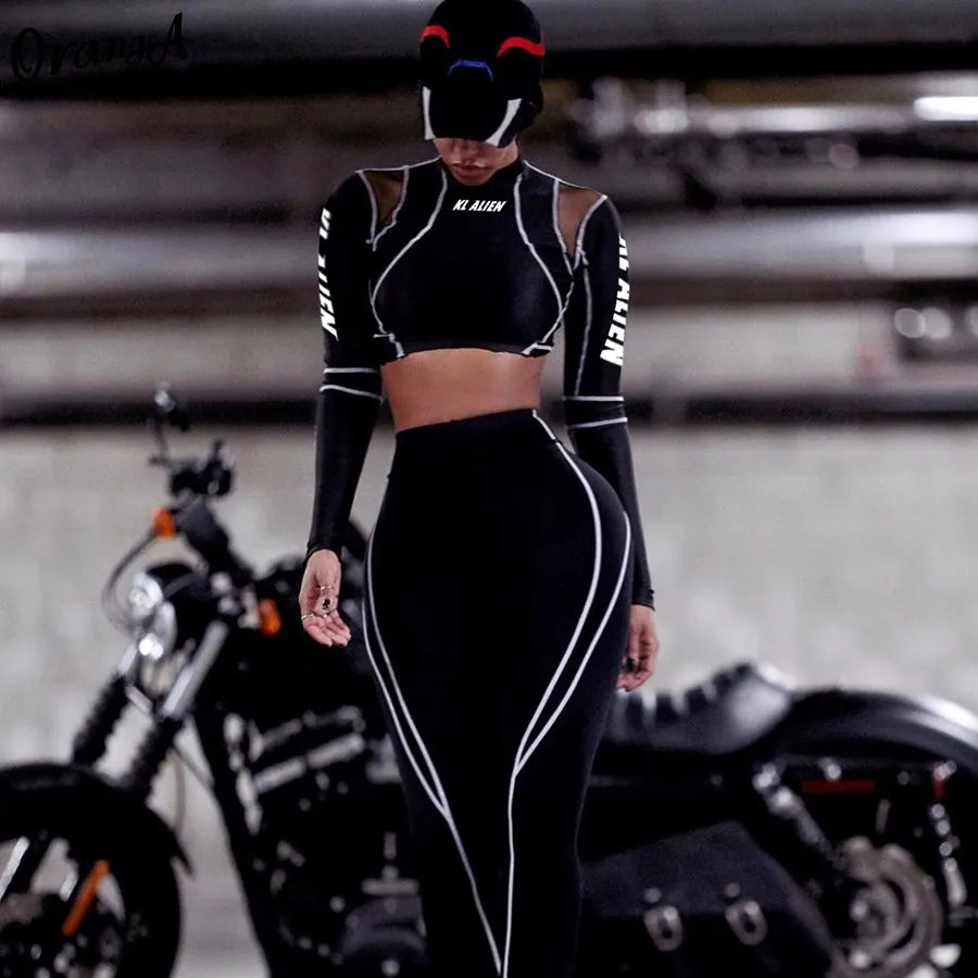 Conjunto deportivo de 2 piezas con estampado de letras para mujer, top corto de manga larga, leggings elásticos, ropa deportiva informal y ajustada