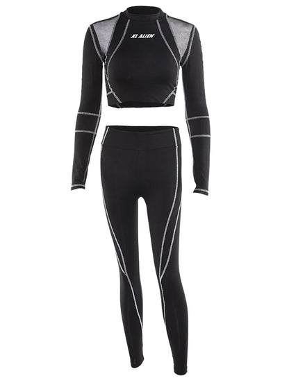Conjunto deportivo de 2 piezas con estampado de letras para mujer, top corto de manga larga, leggings elásticos, ropa deportiva informal y ajustada