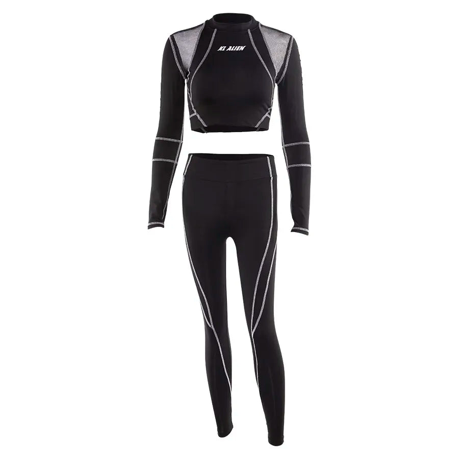 Conjunto deportivo de 2 piezas con estampado de letras para mujer, top corto de manga larga, leggings elásticos, ropa deportiva informal y ajustada