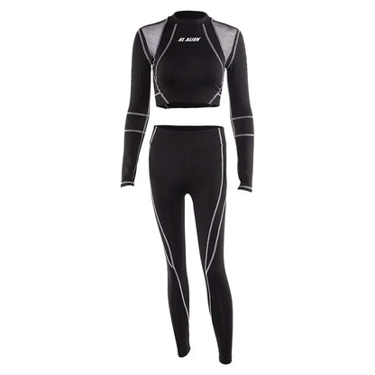 Conjunto deportivo de 2 piezas con estampado de letras para mujer, top corto de manga larga, leggings elásticos, ropa deportiva informal y ajustada